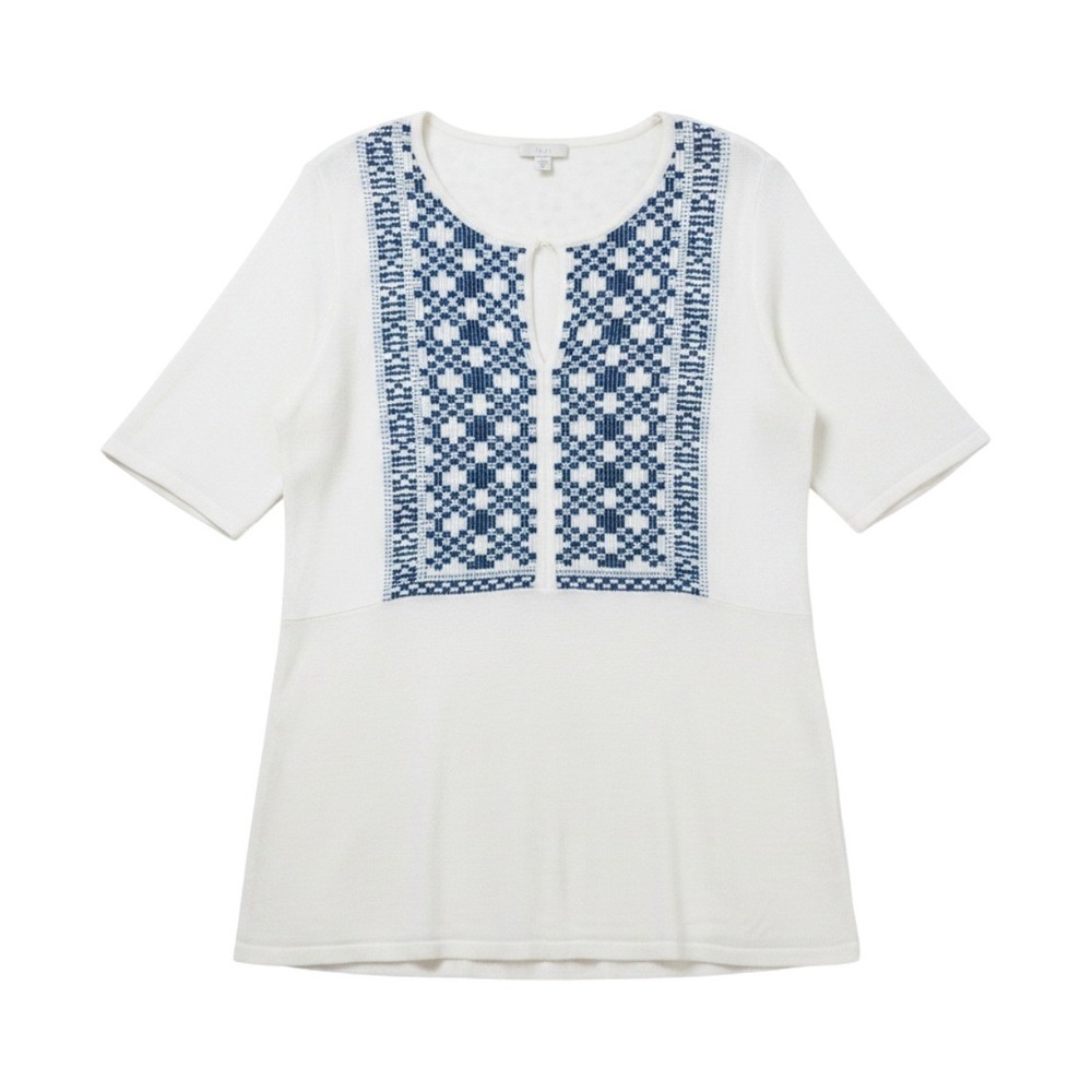 NWT J.Jill Harbor MT Linen Rayon Knit Top XL White Blue Geometric Split Neck NEW